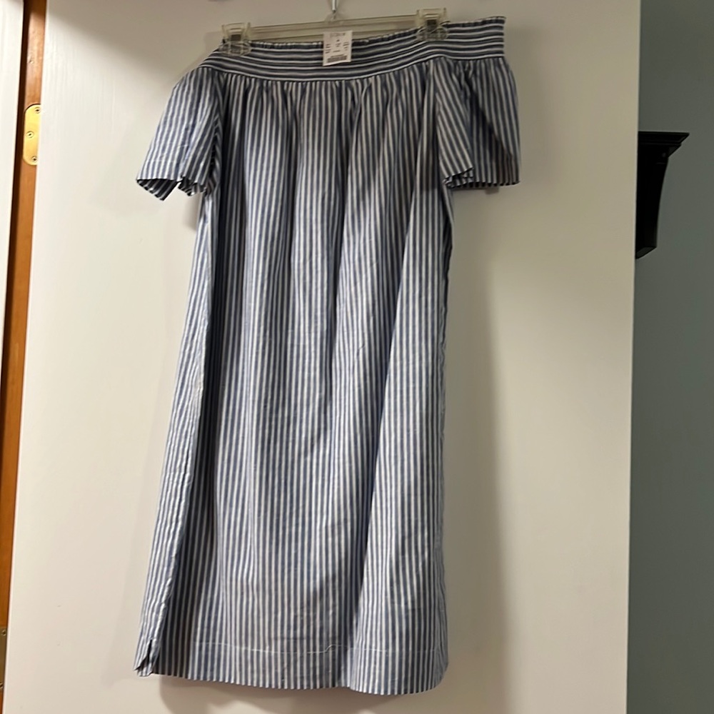 NWT J Crew Off the Shoulder Blue and White Striped Dress - Size 10